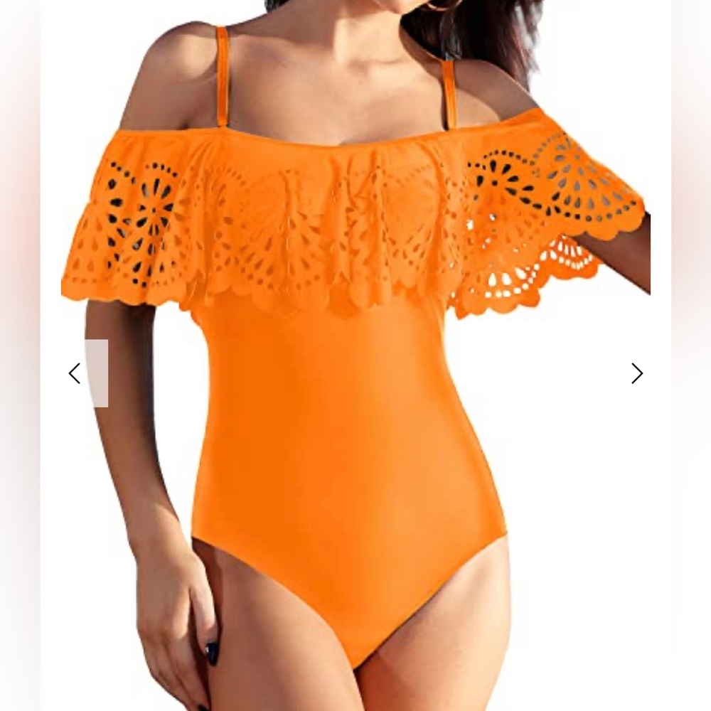 Strapless Flounce One Piece Ruffle Swimwear For Teen Girls-Orange